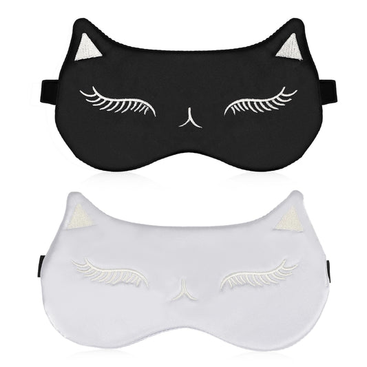 Cute Eye Masks for Sleep, 2 Pcs Soft Satin Blindfold Silk Eye Cover Funny Cat Sleeping Mask with Elastic Strap Travel Nap Night Eyeshade Covers for Women Girls Kids, Sleepover Stuff (Black & Grey)