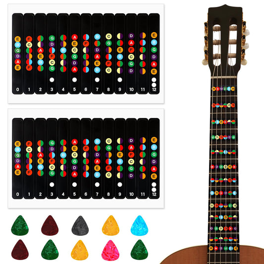 2 Sheets Guitar Note Stickers, Guitar Fretboard Stickers with 10pcs Guitar Picks, Color Coded Guitar Note Decals Stickers for Beginners Learner, Learn Guitar Tabs Acoustic Guitar Stickers