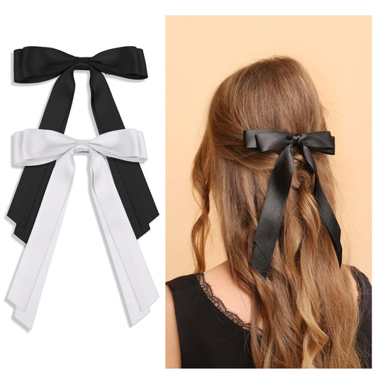 Hair Bows, 2 PCS Oversized Long-tail Silky Satin Hair Ribbon Clips Ponytail Holder with Metal Alligator Clips Elegant Cute Hair Bowknot Barrettes Hair Accessories for Women Girls (White & Black)