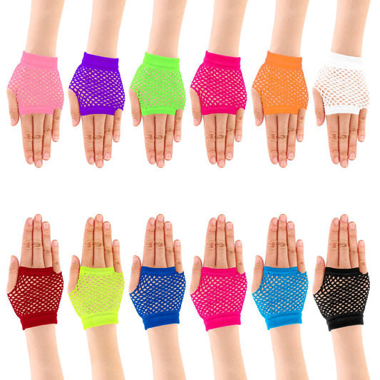 Fingerless Fishnet Neon Gloves, 12 Pairs 80s Fishnet Gloves Multicolor Mesh Lace Gloves Elastic Short Net Fishnet Fingerless Gloves for Women Girls 80s 90s Neon Rave Party Favors Costume Accessories