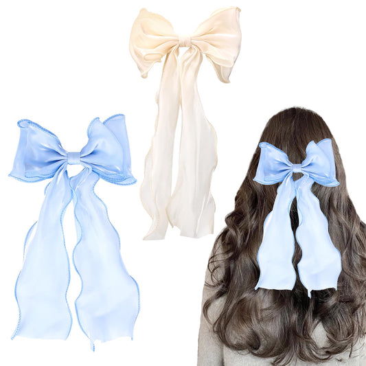 2 Pcs Large Hair Bow Clips, Hair Bow for Women Girls, Solid Color Long Silk Satin Bow Hair Slides, Fairy Silk Ribbon Bow Hair Clip for Women Girls(Blue&Beige)