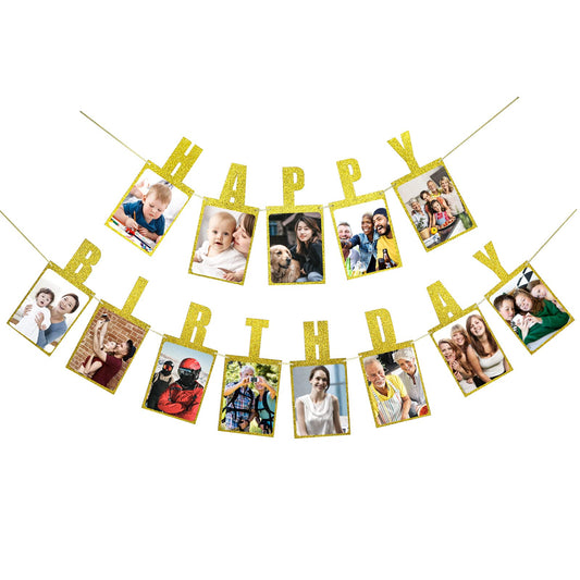 Birthday Photo Banner, Birthday Decorations Photo Banner for Kids and Adults Girls Birthday Party Decoration, Milestones Golden Happy Birthday Banner