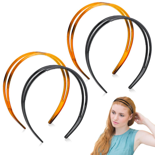 KALIONE 4 Pcs Plastic Double Row Teeth Headband, Black Non-Slip Headband Hair Band, Double Row Headwear Hair Hoop, Hair Bands with Teeth for Women Girls