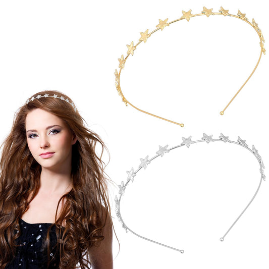 2 Pieces Alloy Five-Pointed Star Headbands, Rhinestone Headpiece Silver & Gold Star Crown Metal Bridal Hair Hoop Wedding Hair Band Decorative Accessories for Women Girls Bride(style2)