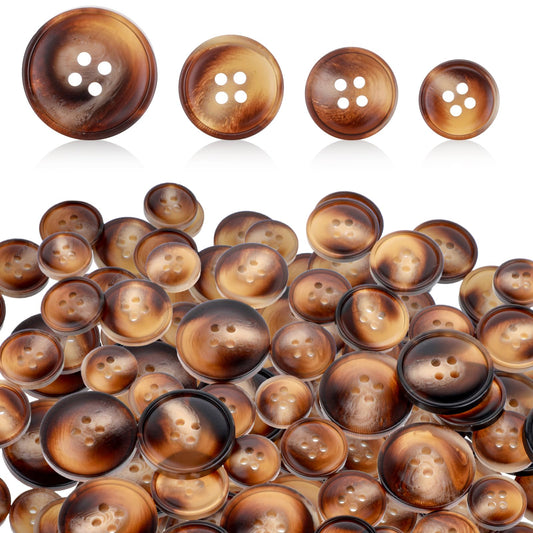 Brown Buttons, 50 PCS Dark Blown Resin Sewing Buttons 4 Holes 4 Sizes Flatback Plastic Buttons for Clothes Round Big Buttons for Crafts, Suits Coats Buttons for Sewing DIY Sweater Decorations