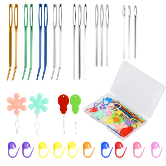 31 Pcs Large Eye Blunt Needles Bent Tapestry Needles Curved Sewing Darning Needles Wool Needles with Storage Box and Needle Threader Knitting Needles with Stitch Markers for Knitting Crocheting