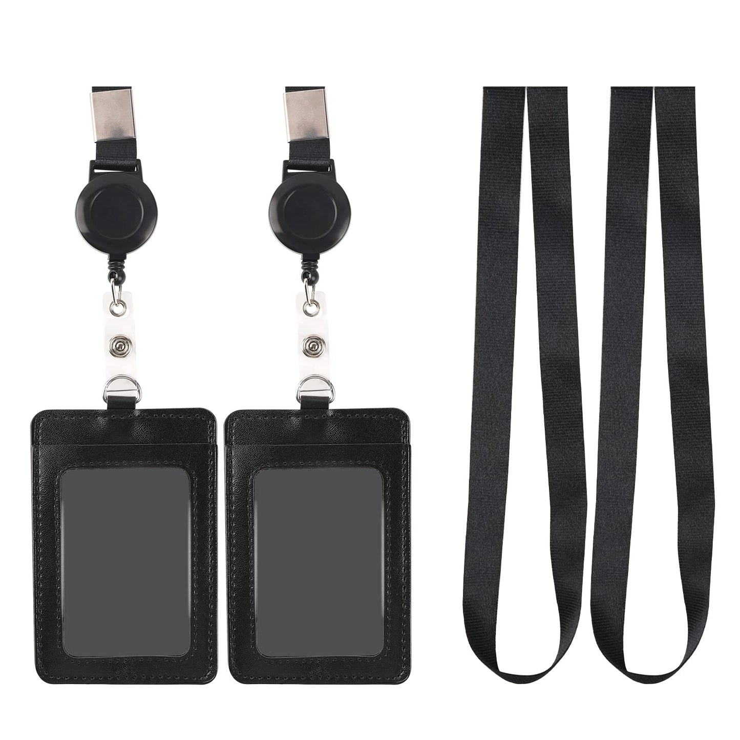 Lanyard with Card Holder, PU Leather ID Holder with Lanyard, Badge Holder with Retractable Lanyard, Leather Badge Holders, 2 Sets ID Badge Holder, Black ID Badge Holder with Retractable Lanyard