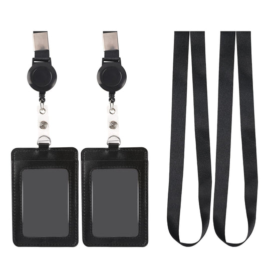 Lanyard with Card Holder, PU Leather ID Holder with Lanyard, Badge Holder with Retractable Lanyard, Leather Badge Holders, 2 Sets ID Badge Holder, Black ID Badge Holder with Retractable Lanyard