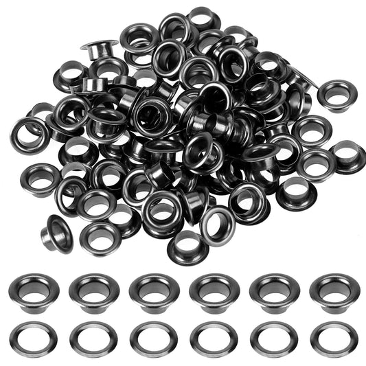 Grommet Kit, 100Sets Grommets Eyelets 1/4" Hole Size Eyelet Punch Kit 6mm Inner Diameter Black Metal Eyelets with Washers for Canvas, Shoes, Clothing, Bead Cores, Curtains, Fabric, Leather and Bag