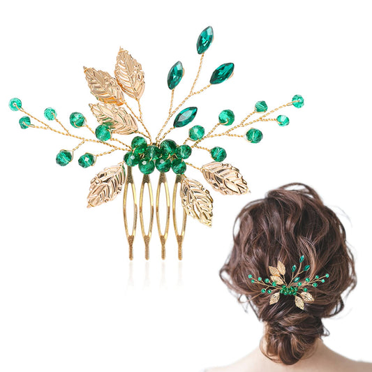 Wedding Hair Accessories for Brides,Golden Leaves Green Emerald Crystal Hairpin Bride Wedding Hair Slidecomb Vintage Hair Pieces Rhinestones Hair Clips For Brides And Bridesmaids