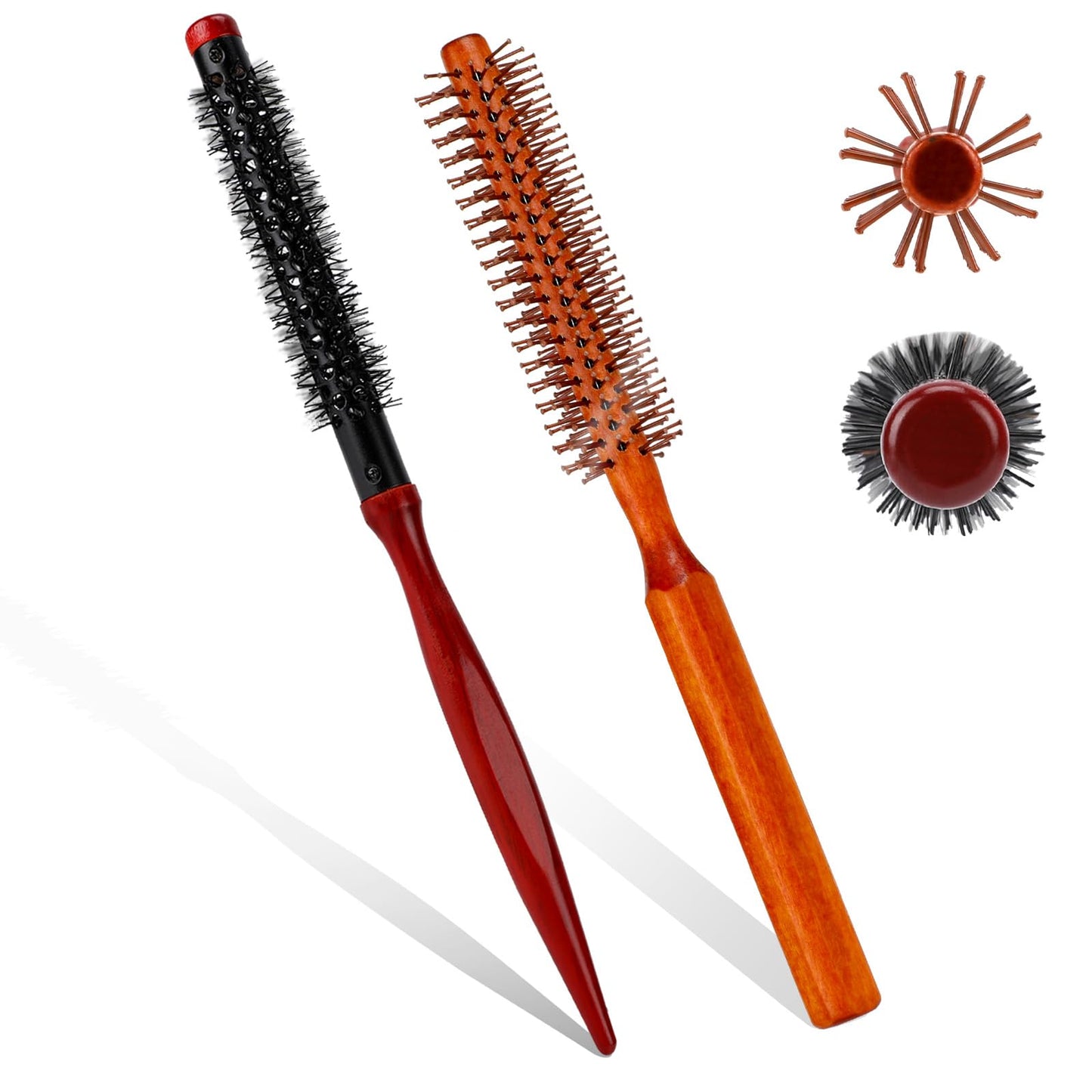 Small Round Brush for Blow Drying, 2 PCS Mini Quiff Roller Brushes Portable Curling Brush Travel Round Brush with Wooden Handle and Nylon Bristles Styling Hair Brush for Curling, Short Hair,Thin Hair