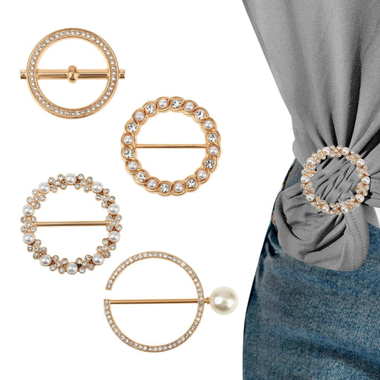 4PCS Scarf Ring Shirt Clip Gold T-shirt Tie Clips for Women Waist Round Metal Alloy Waist Clip Waist Buckle Twist Tee Knot Ring with Pearl for Clothing Dress Tshirt Cardigan Shawl Belts