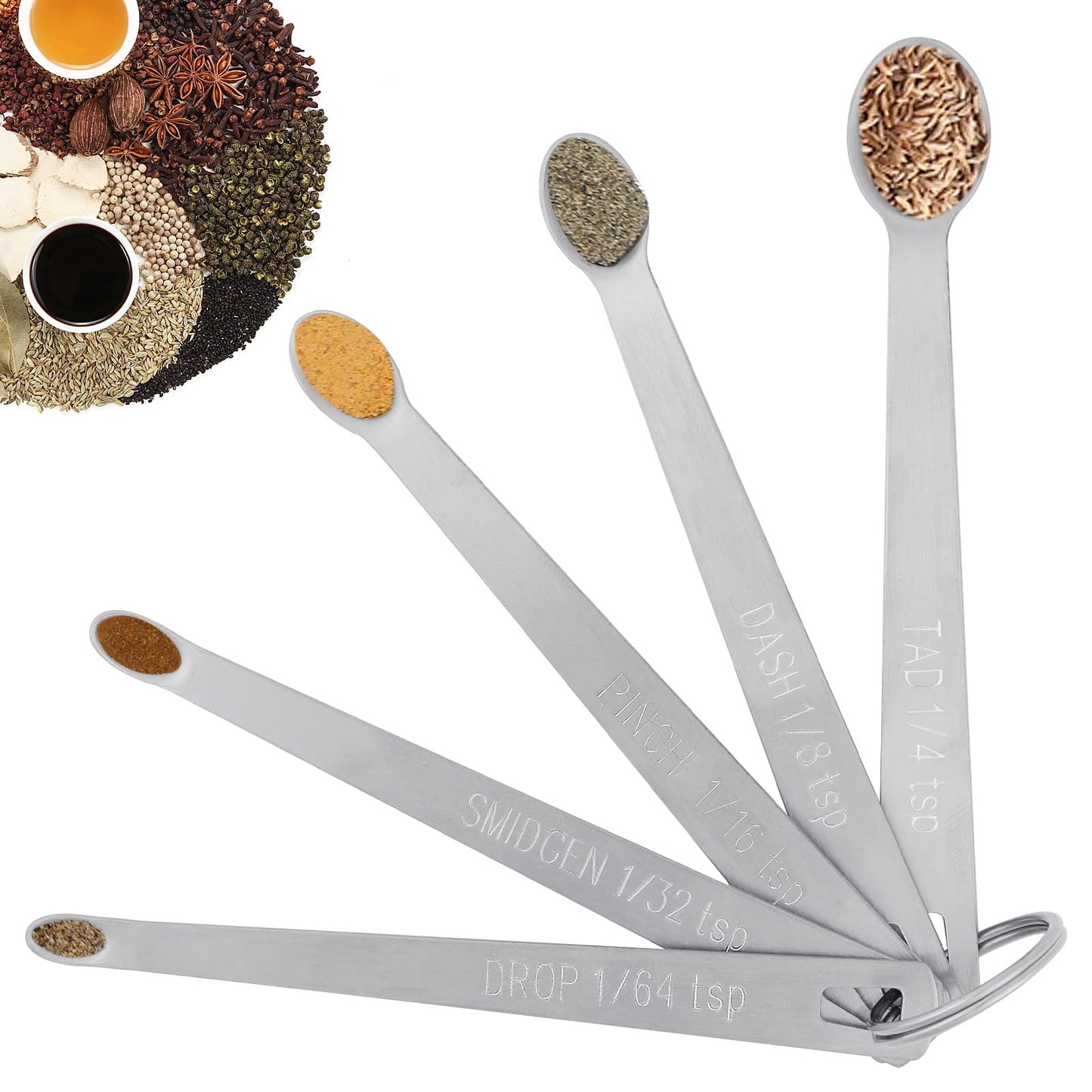 5 Pcs Mini Measuring Spoons Set, Stainless Steel Small Measuring Spoons for Home Kitchen Baking Cooking Easy to Read Tad 1/4 TSP, Dash 1/8 TSP, Pinch 1/16 TSP, Smidgen 1/32 TSP, Drop 1/64 TSP