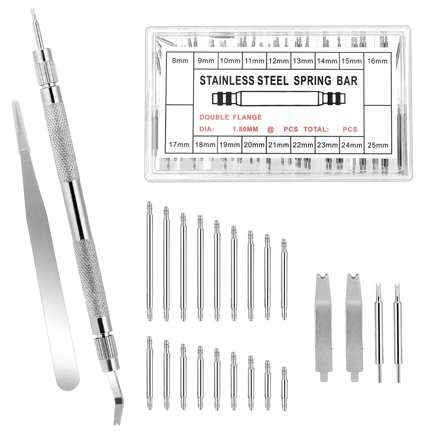 Watch Band Pins Replacement, 150 PCS φ1.5mm Stainless Steel Watch Link Removal Kit Watch Spring Bar Tool Watch Band Remover Tool Watch Adjustment Tool Kit with Tweezer for Watch Repairing (8mm - 25mm)