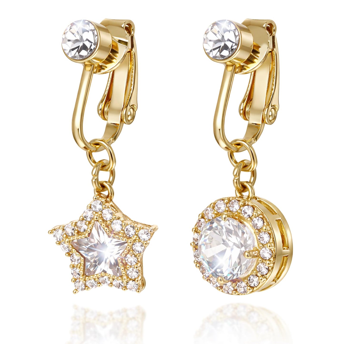 Psiriol 2Pcs Round Star Fake Belly Button Rings for Women, Surgical Stainless Steel Clip On Belly Button Rings, Sparkling Crystal Fake Belly Jewelry, Non Piercing Jewelry for Women, Gold