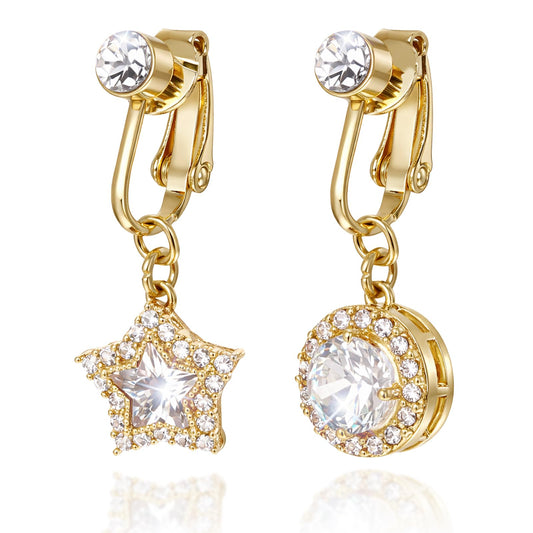 Psiriol 2Pcs Round Star Fake Belly Button Rings for Women, Surgical Stainless Steel Clip On Belly Button Rings, Sparkling Crystal Fake Belly Jewelry, Non Piercing Jewelry for Women, Gold