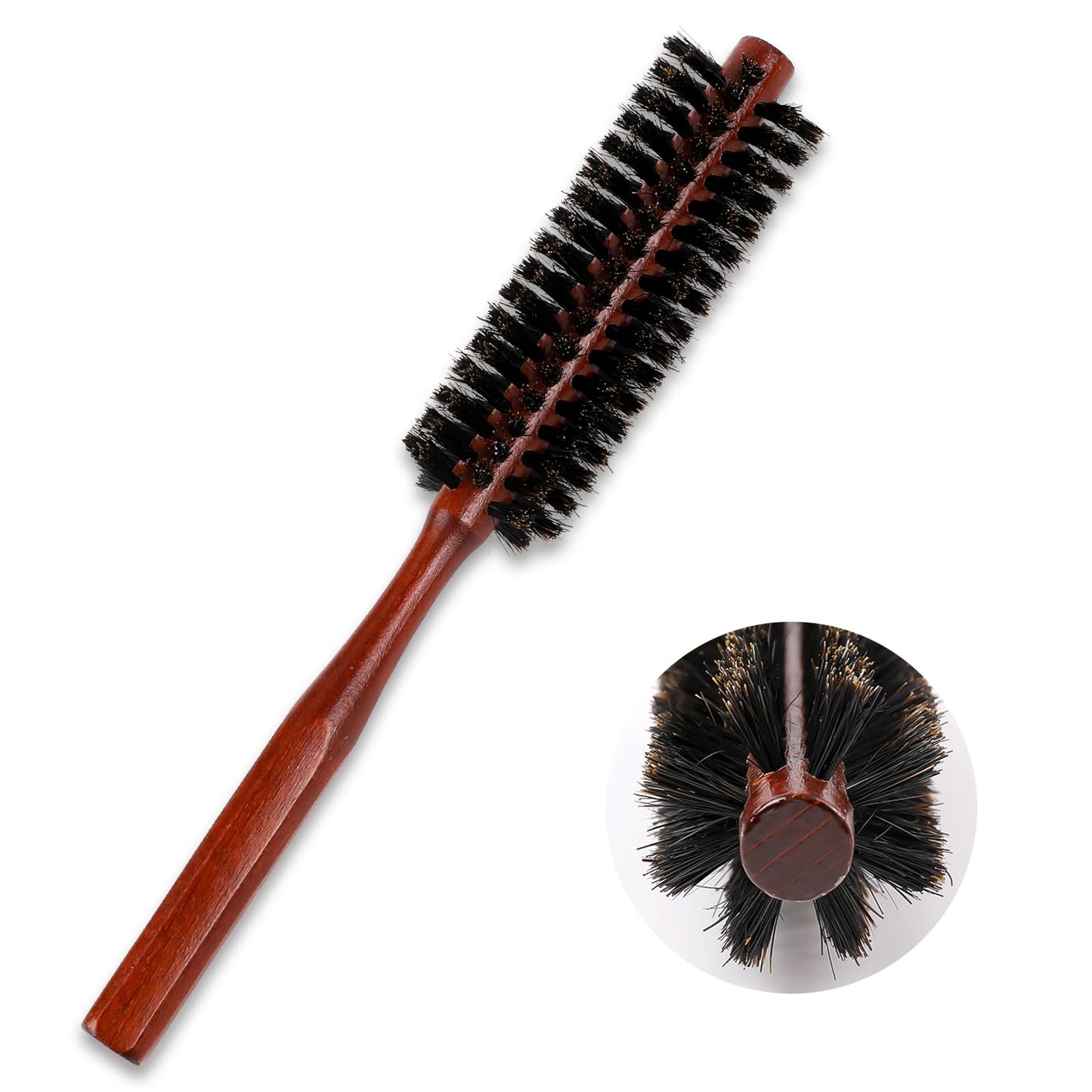 Round Boar Bristle Brush,Small Round Brush Portable Bristle Hair Brush with Ergonomic Natural Wood Handle Mini Rolling Circular Hairbrush for Hair Drying, Styling, Curling, Adding Hair Volume