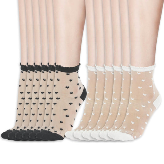 KALIONE 6 Pairs Women's Lace Ankle Socks, Ruffle Sheer Socks Mesh Hearts Casual Ankle Socks See Through Frilly Socks Transparent Ultra Thin Ankle High Socks for Women Girls