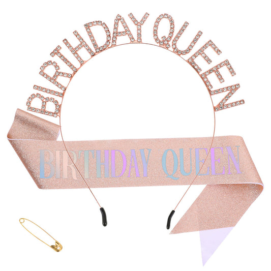 Birthday Sash Birthday Crown for Women, Birthday Queen Birthday Tiaras for Women, Rose Gold Birthday Sash and Crown, Rhinestone Glitter Headband Set Happy Birthday Decor Accessories