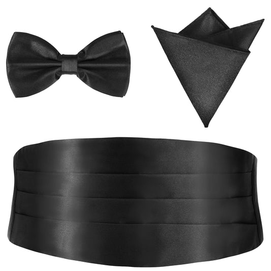 KALIONE Cummerbund and Bow Tie Set, Adjustable Solid Color Tuxedo Cummerbund and Bow Tie with Breast Pocket Square Hanky for Men, Black