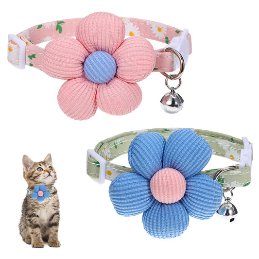 Pack of 2 Cat Collars for Girls, Cat Collar with Bell, Cute Cat Collar with Safety Clasp, Unusual Cat Collars for Cat Girls and Boys (Flower Green and Pink)