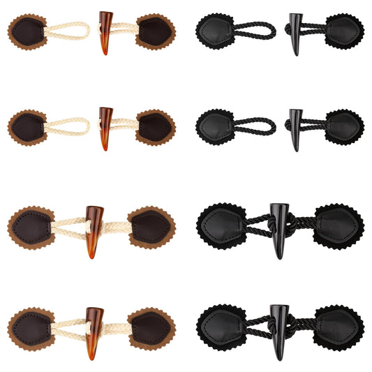 Sew-On Toggles Closures, 8 Sets PU Leather Vintage Coat Buckle Large Resin Horn Buttons Sewing Accessories for Long Coat, Jacket, Sweater, Windbreaker, Fits Women's Winter Clothing (Black and Brown)