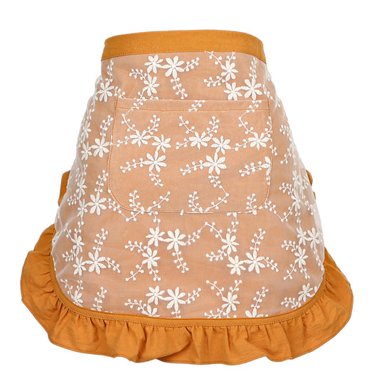 KALIONE Orange Short Waist Apron Half Apron for Women, Lace Apron Cotton Lace Embroidered Aprons with Pockets, Server Waitress Apron for Womens Girls, Yellow Ruffle Apron (Orange)