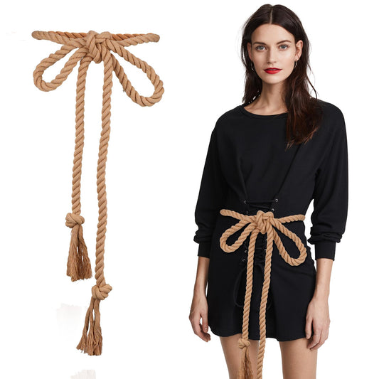 KALIONE Women's Braided Waist Belt, Cotton Waist Tassel Rope Belt Boho Dress Belts Long Braided Knotted Tie Belt for Women Girls Men Skirt Dress Pants()