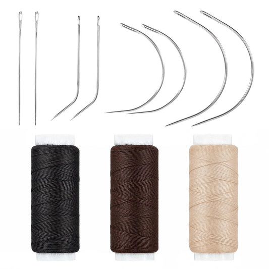Needle and Thread Set for Hair Weaving Needle, Professional Hair Extension Tools, Sewing Threads and Needles Set, Black Beige Brown Thread with 8pcs Needles for Sewing Hairs Weave Extension Making Wig