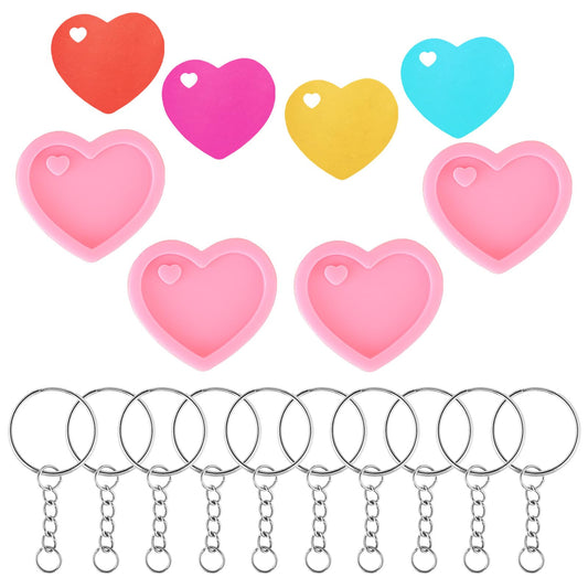 4 Pcs Resin Mould Silicone Heart Moulds Resin Keychain Heart Shape Resin Keychain Molds Fondant Mold with Hole Valentine Love Keychain Gift Resin DIY Keychain Decoration with 20 Pieces Key Rings