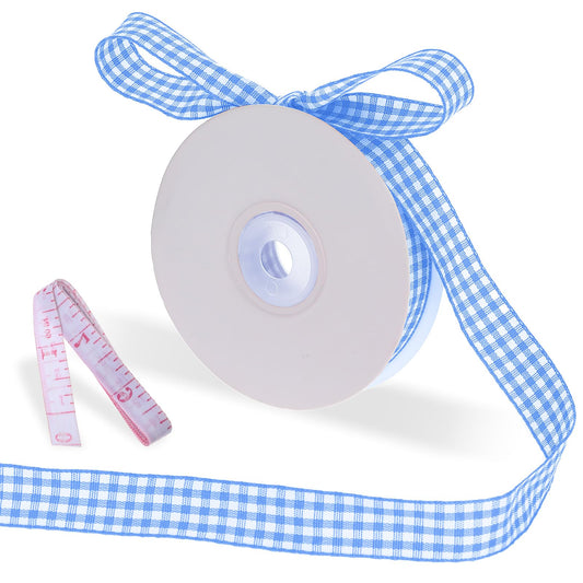 Blue Gingham Ribbon, Blue and White Ribbon 5/8 Inch 25 Yd Roll Plaid Ribbon Checkered Ribbon Picnic Craft Ribbon Fabric Gift Wrap Ribbons for Wrapping Gift, DIY Hair Accessories, Christmas Home Decor