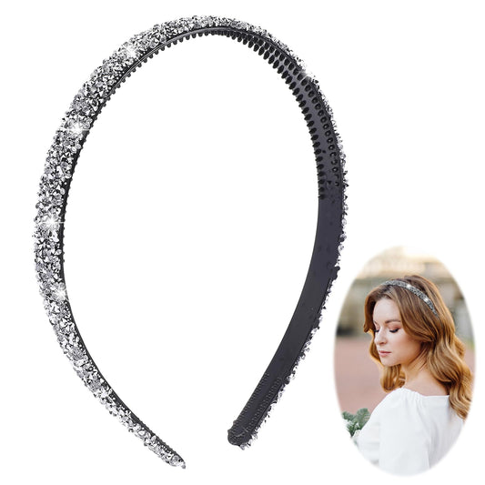 Rhinestone Headbands Thin Silver Crystal Headbands for Women Sparkly Crystal Diamond Headband Bling Hair Hoops Non Slip Hair Band for Women Girls Bridal Bride Bridesmaids Wedding Party