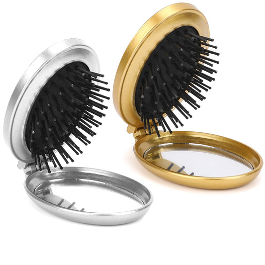 Mini Hair Brush with Mirror,2 Pack Elliptical Folding Hair Brush Travel Size Hair Massage Comb Compact Hair Brushes Pocket Hair Brush Hair Styling Tools Travel Brush for Women (Gold & Silver)