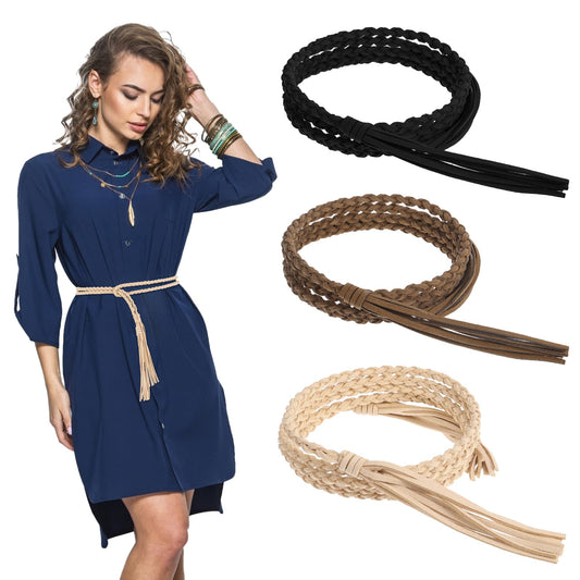 3Pcs Skinny Rope Belt for Women, Stretch Thin Tassel Waist Belt Rope Chain Accessories Tassel Thin Belt Braided Belt Cowgirl Waist Belt Vintage Belt for Skirt Dress, Christmas Party, 160cm Width 5mm
