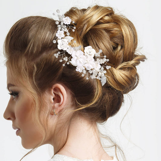 Pearl Hair Piece for Wedding,Silver Vine Bridal Hair Accessory Flower Bridal Hair Pin Rhinestone Headband Leaf Hair Jewelry Accessory Crystal Headpieces for Women and Girls