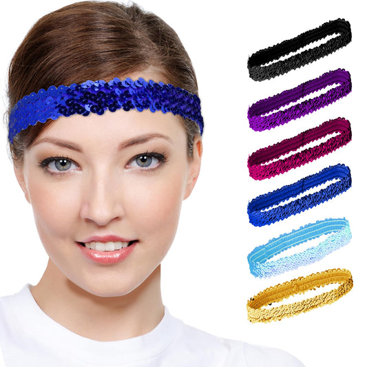 Sequin Headbands for Women and Girls, 6 PCS Elastic Stretch Sparkly Headband Adjustable Size Disco Headband Bling Sport Head Band Glitter Headband Party Decor Supplies (6 Color)