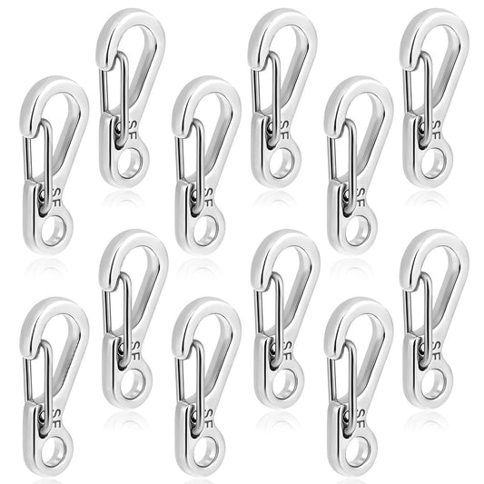 Pack of 12 Carabiner Hooks 2.4 cm Mini Carabiner Stainless Steel Small Silver Keyring with Snap Lock Key Carabiner for Camping Travel Backpack Belt