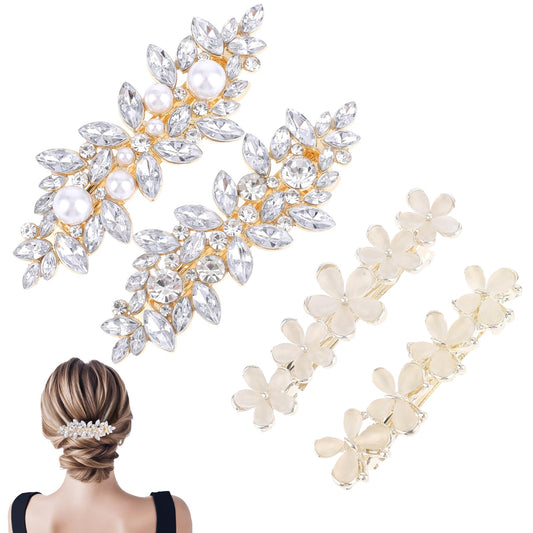 4 Pcs Hair Clips Rhinestone Sparkly Hair Barrettes Crystal Pearl Hair Clips Glitter Flower Hairpins for Women Shiny French Hairpin Bridal Hair Accessories for Wedding Party Everyday