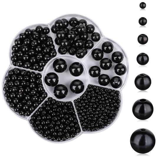 1150pcs Black Round Beads 3/4/5/6/8/10/12 mm Smooth Spacer Beads for Crafting Plastic Pearl Beads with Holes Craft Beads for Bracelet Necklace Earring Jewellery Making