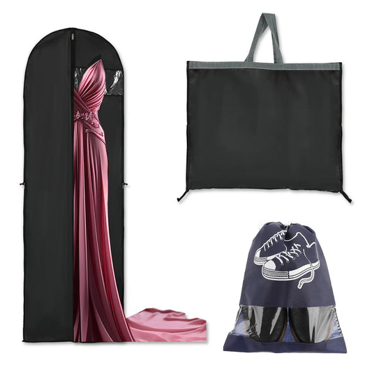 180cm Garment Bag with Shoe Bag Portable Wedding Dress Bag Hanging Black Foldable Long Gown Cover Bags with Zipper and Handle Dust-proof Clothes Storage Cover for Women