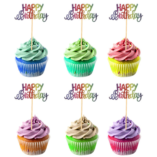 Happy Birthday Cupcake Toppers, 24 Pcs Colorful Birthday Cupcake Picks Glitter Cake Food Dessert Topper Decorations for Birthday Party Anniversary Celebration Decorations Supplies
