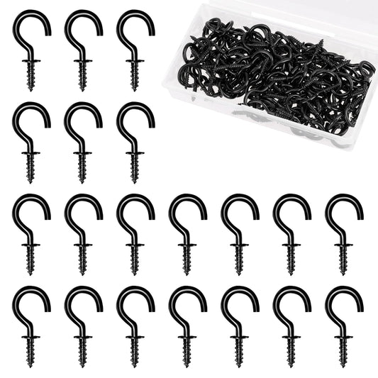 KALIONE 120 pcs Screw Hooks, Ceiling Hooks with Storage Box Metal Key Hanging Hooks Home Kitchen Ceiling Wall Hooks Screw-in Hooks for Hanging Plants Keys (Black)