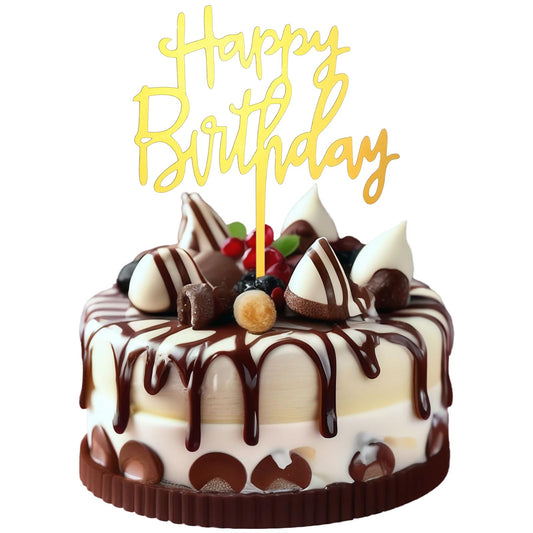 2PCS Cake Topper Gold Happy Birthday Cakes Pick Happy Birthday Gold Acrylic Cake Toppers Birthdays Party Decorations for Celebrating Anniversary Party Decorations Supplies