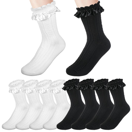4 Pairs Frilly Socks Women, Women Ruffle Socks for Mid-Calf Lace Ruffle Womens Ruffle Socks Soft Ankle Socks Princess Lace Socks Fashion Dress Socks Lace Socks Woman Cute Socks for Women Girls, Black