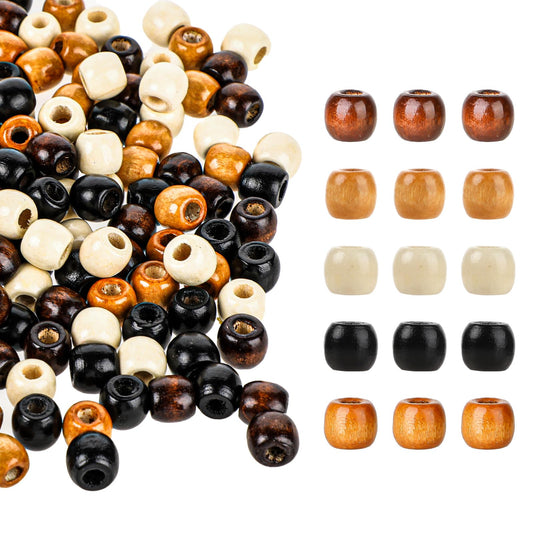 200 PCS Large Hole Barrel Wood Beads 12x11mm Oval Wooden Dreadlock Hair Braid Beads 5 Colors Natural Wooden Spacer Beads Round Barrel Beads for Macrame Rosary Jewelry Craft Making