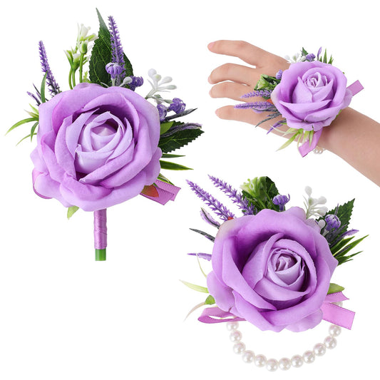 Styquenzer Purple Corsage and Boutonniere Set Handmade Artificial Flower Bride Wrist Corsage Bracelets Men Boutonniere Flowers Accessories Wristband for Wedding Prom Homecoming Party