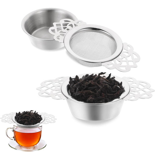 2pcs Fine Mesh Tea Strainers with Bowl, Stainless Metal Tea Strainers for Loose Tea Single Cup, 2.5 Inch Diameter Tea Filter Steeper with Double Handle Extender for Loose Tea Juice Coffee Filter