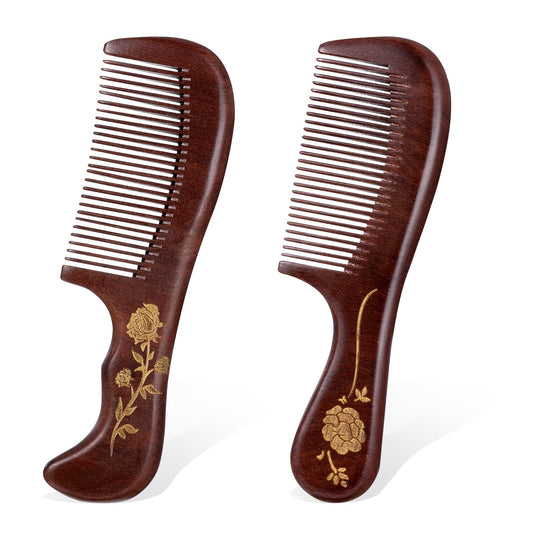 2 PCS Sandalwood Wood Comb, Wooden Comb for Women Natural Anti-Static Wooden Hair Comb Fine Tooth Handmade Hair Comb Quality Wooden Curls Comb Wooden Hair Detangler for Women and Men