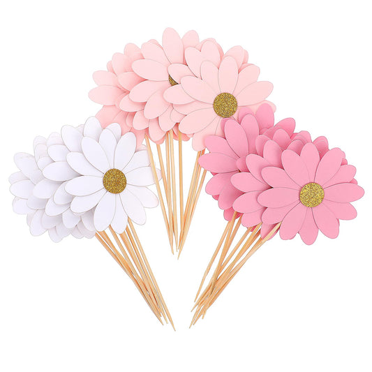 24 Pack Daisy Cupcake Toppers White Daisy Party Picks Flower Cake Topper Flower Cake Picks Daisy Cake Decorations Chrysanthemum Cupcake Toppers for Birthday Wedding Baby Shower Decor