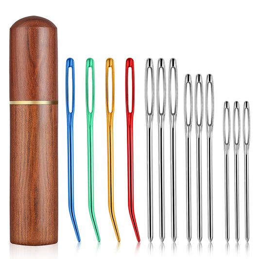 13 Pcs Large Eye Sewing Needles Kit Stainless Steel Large-Eye Blunt Needles, Tapestry Needle Yarn Needle for Quilting Crochet Weaving Beading, Sharp Hand Knitting Needles with Wooden Case